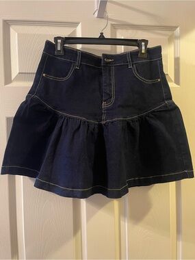 Vici Dark Blue Denim A-Line Ruffled Mini Skirt